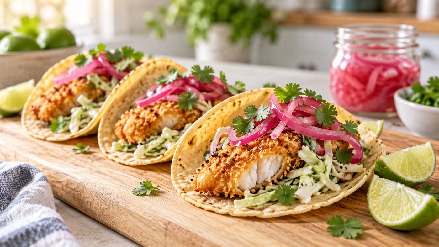 Air Fryer Fish Tacos with Spicy Slaw and Pickled Onions