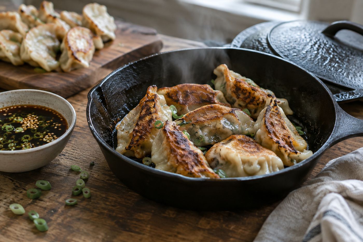 Crispy seared potstickers in skillet