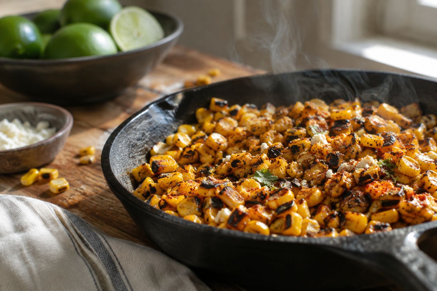 Charred corn skillet close-up