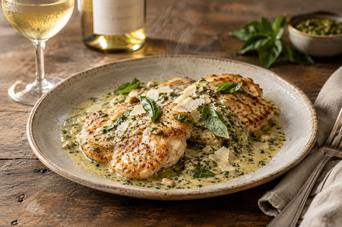 Chicken cutlets in wine pesto sauce