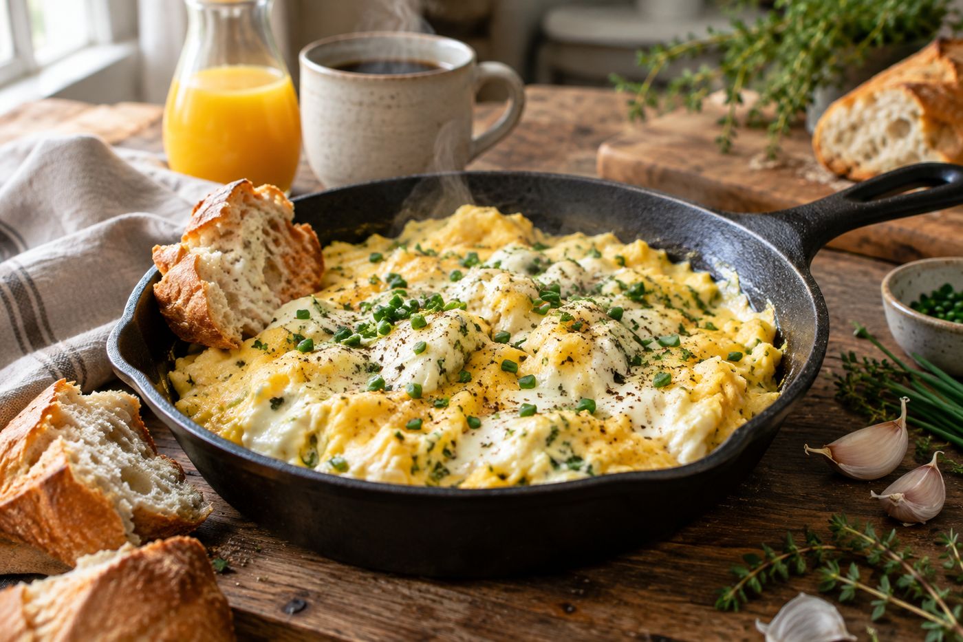 Boursin cheese scrambled eggs skillet