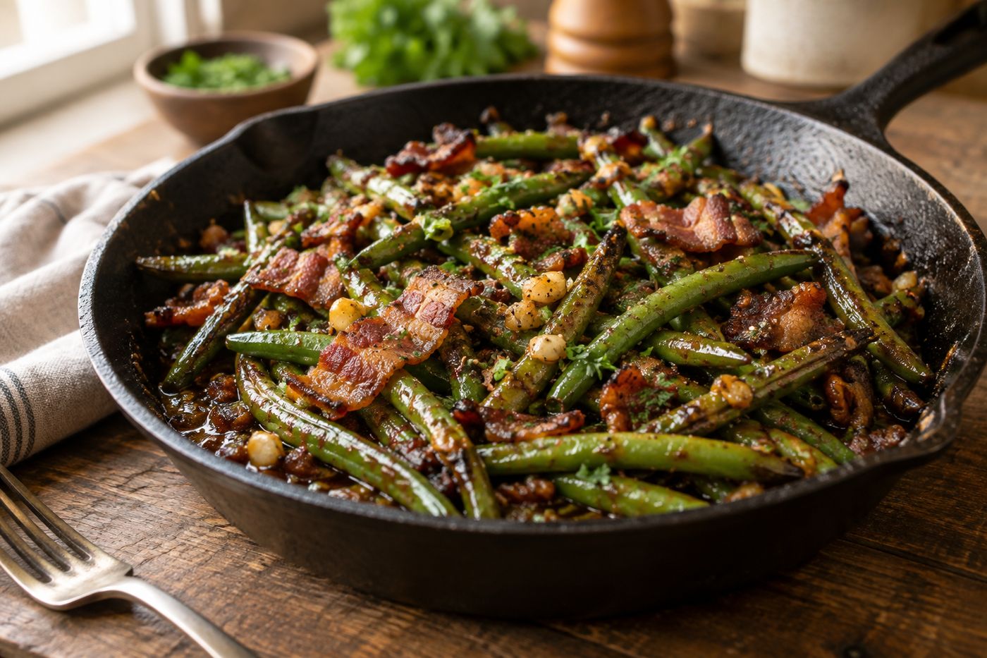 Bacon-glazed green beans in skillet