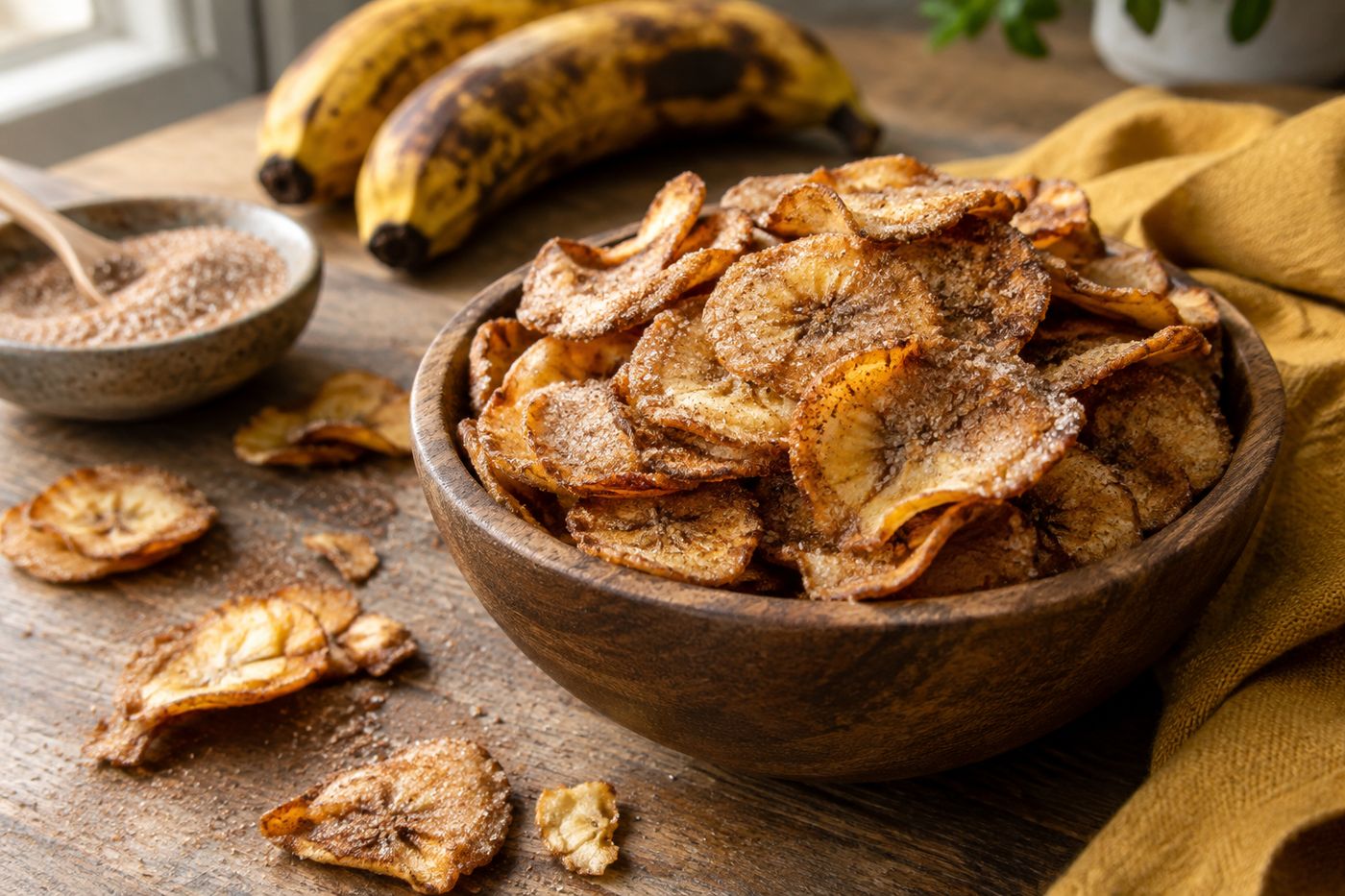 Crispy cinnamon banana chips on plate