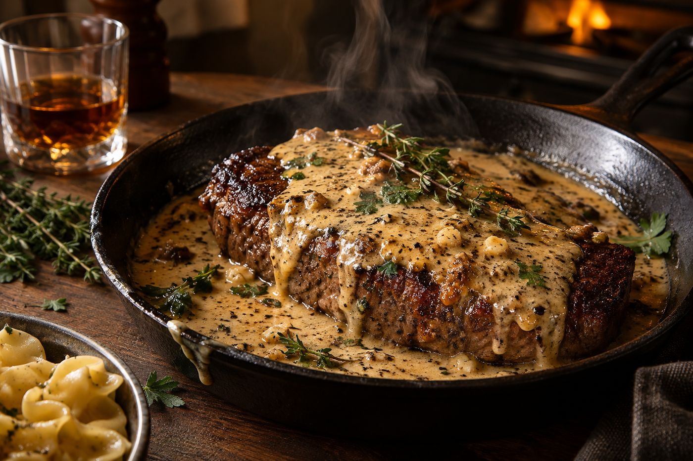 Seared steak in bourbon cream sauce