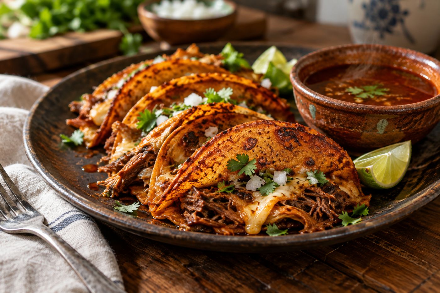 Crispy birria tacos with dipping broth