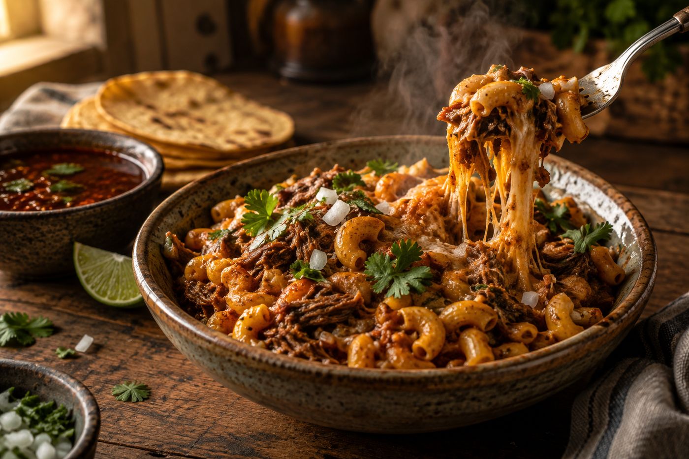 Cheesy birria mac in bowl