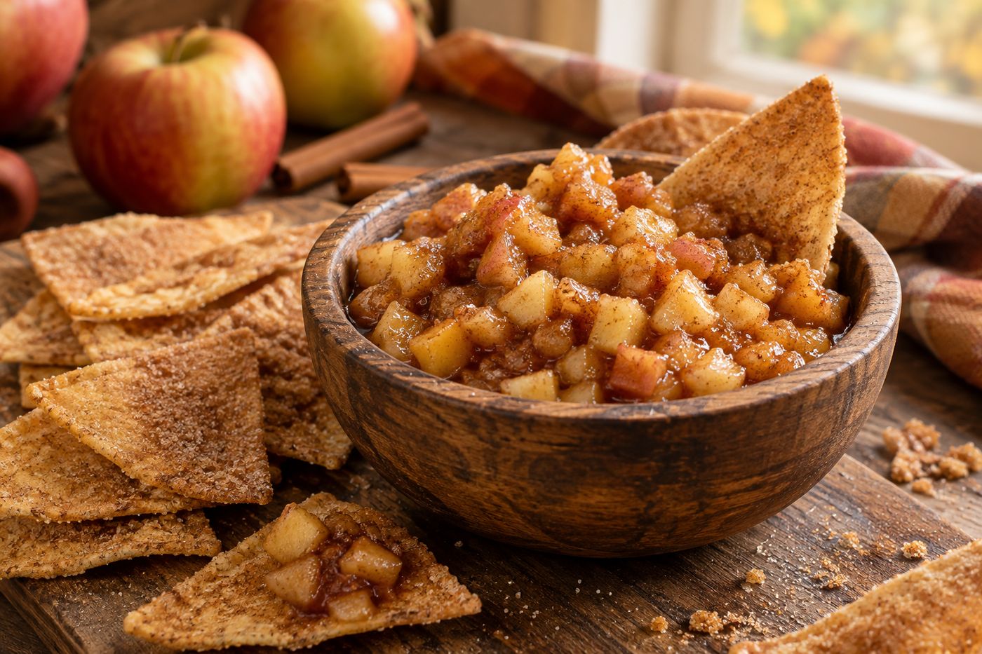 Bowl of apple pie salsa with chips