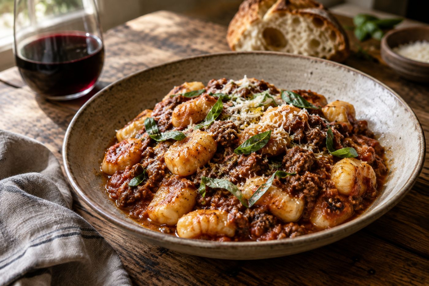 Bowl of gnocchi bolognese