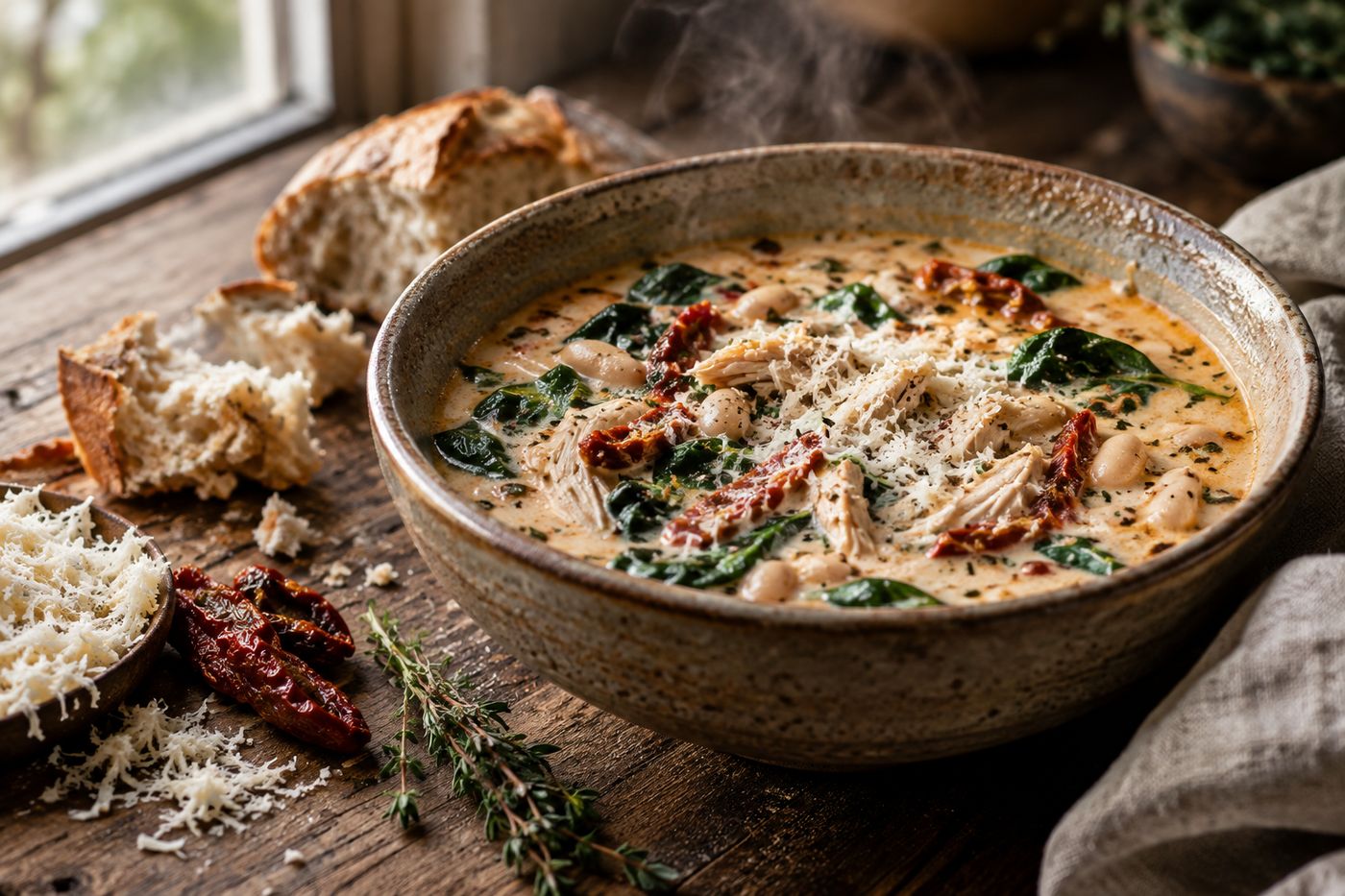 Creamy Tuscan chicken soup in bowl