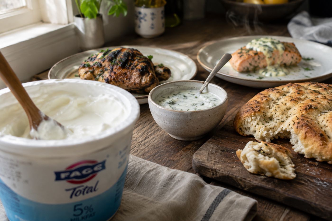 Bowl of creamy Greek yogurt with herbs
