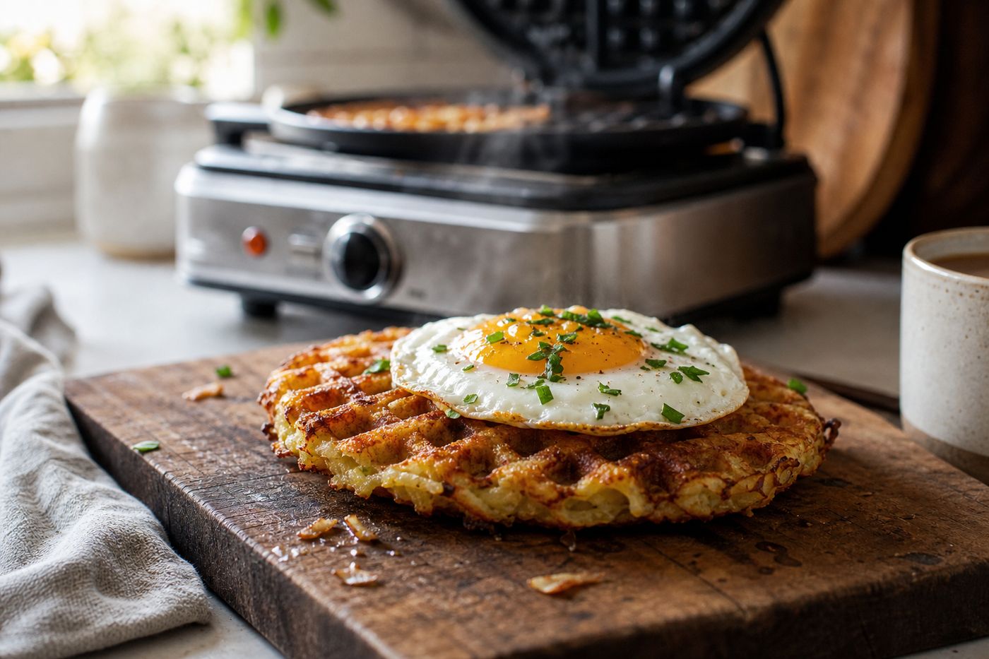 Crispy hash browns pressed in waffle iron