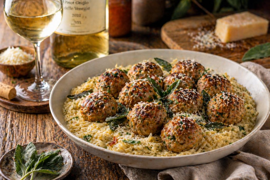 Baked Sage Chicken Meatballs with Parmesan Orzo