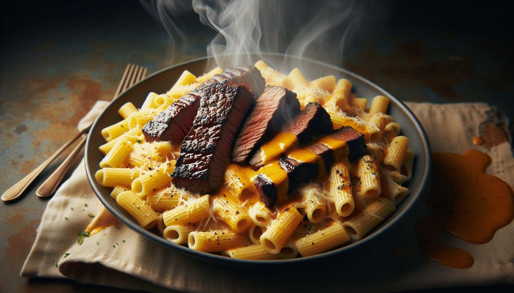Cajun Steak Tips in Cheesy Rigatoni Parmesan Sauce