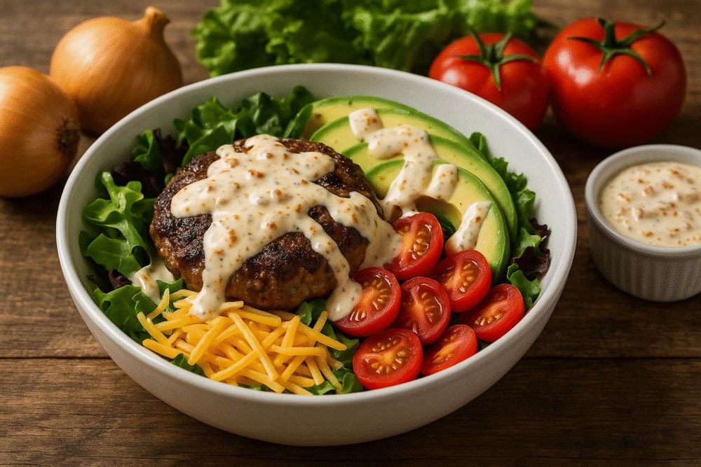 Burger Bowl with Caramelized Onion Aioli