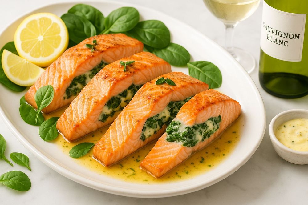 Creamy Spinach Stuffed Salmon in Garlic Butter