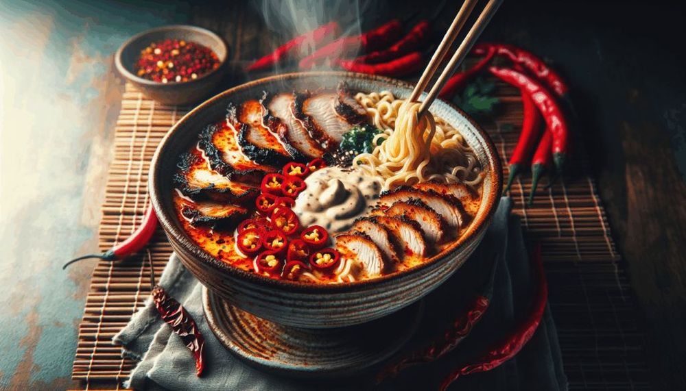 Fiery Chicken Ramen with Creamy Garlic Sauce