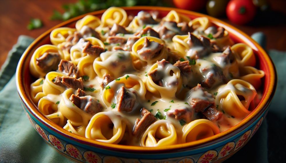Cheesesteak Tortellini in Provolone Sauce