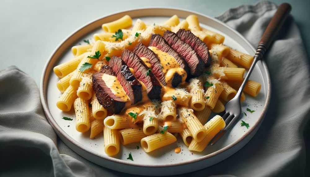 Steak Tips with Cheesy Rigatoni