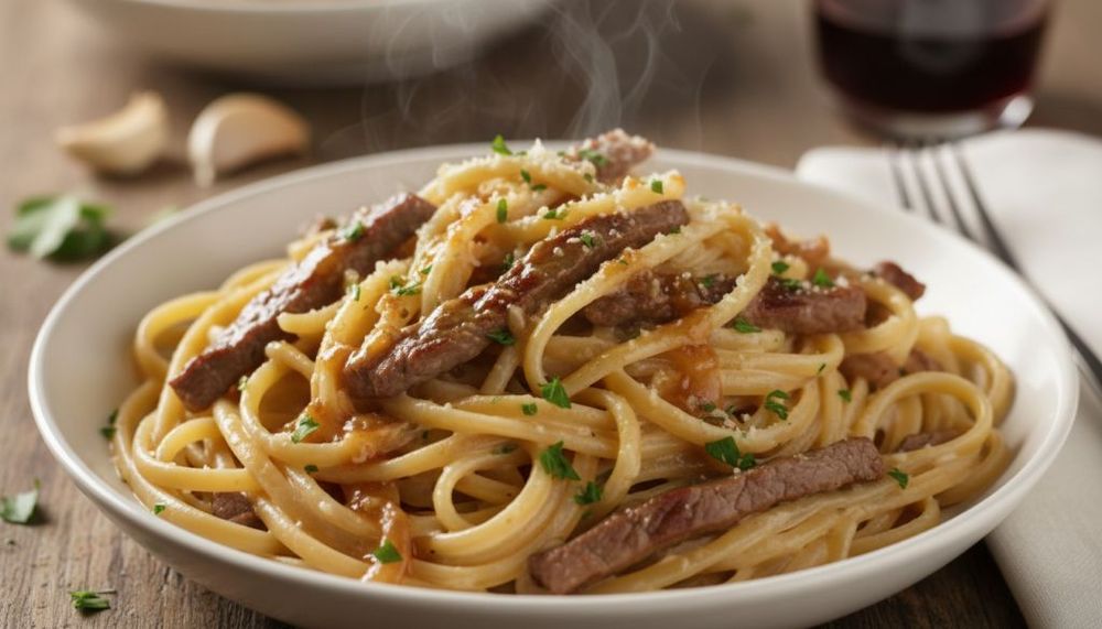 Creamy Parmesan Beef Linguine with Garlic Butter Sauce