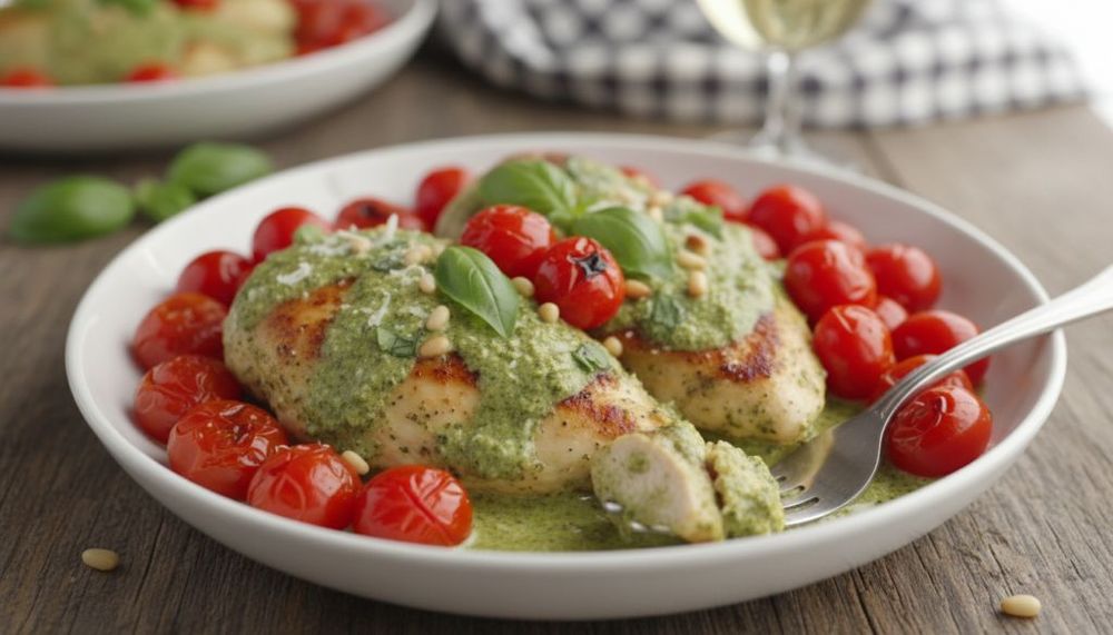 Creamy Pesto Chicken with Roasted Tomatoes