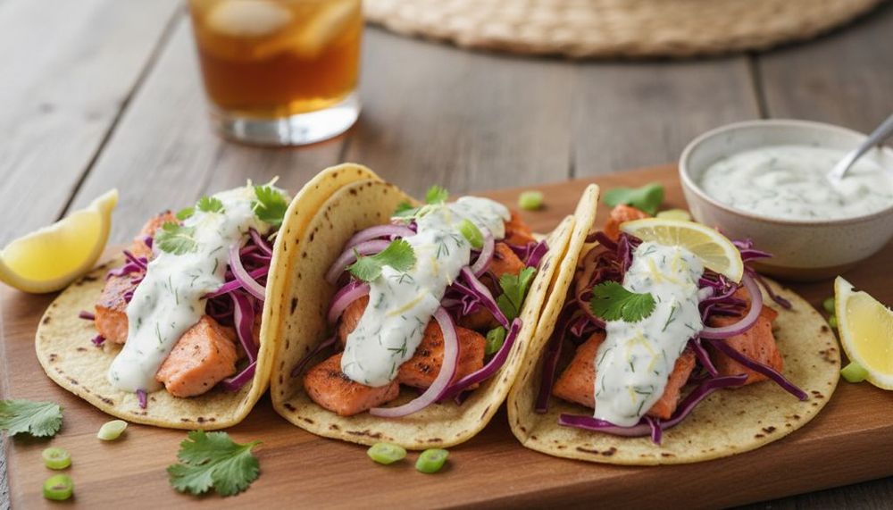 Salmon Tacos with Greek Yogurt Sauce
