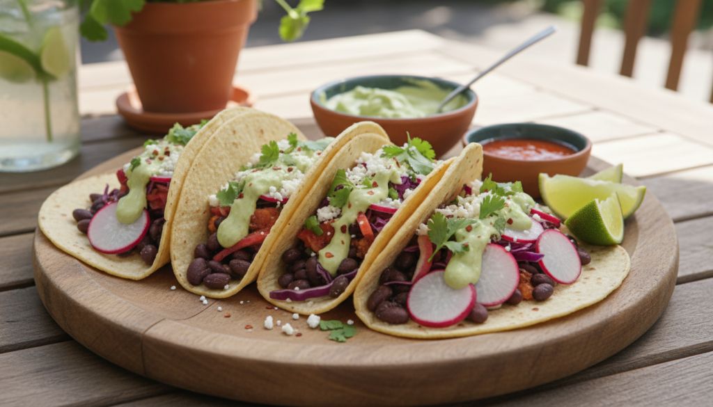 Radish and Black Bean Tacos with Avocado Crema