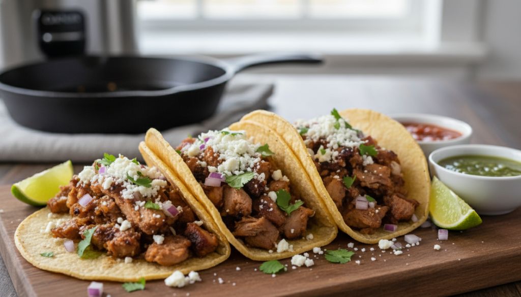 Crockpot Carnitas Pork Tacos with Queso Fresco