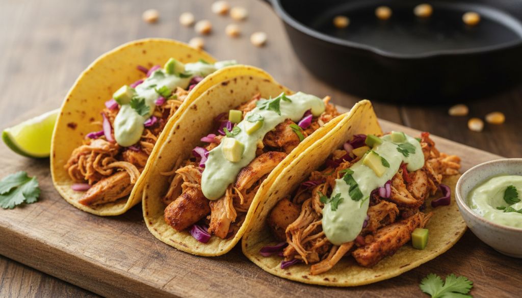 Shredded Chicken Tacos with Avocado Sour Cream