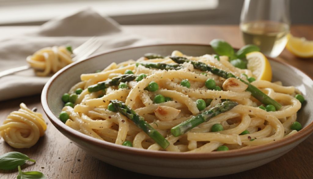 Garlic Cream Bucatini with Peas and Asparagus