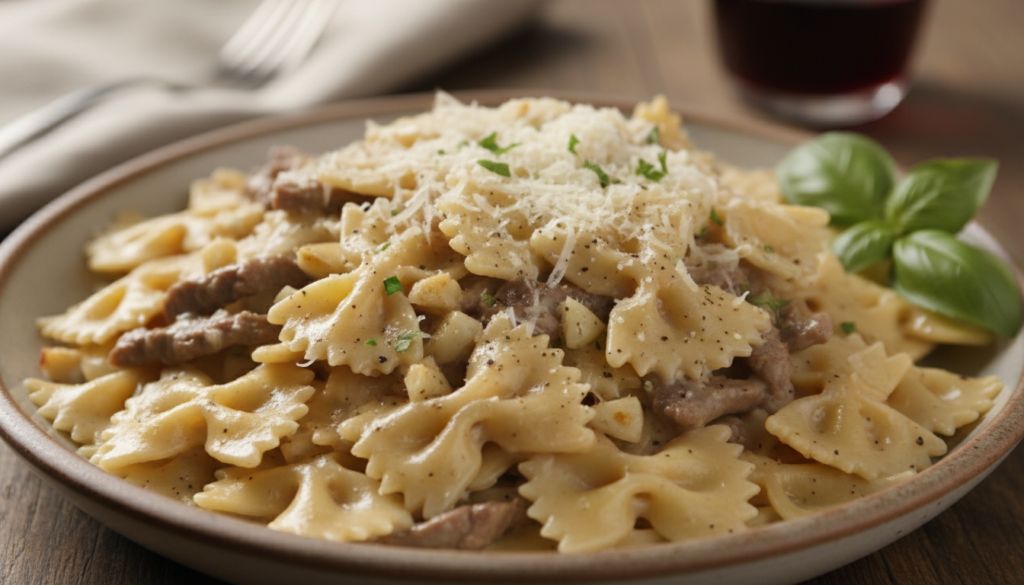 Creamy Parmesan Garlic Beef Bowtie Pasta