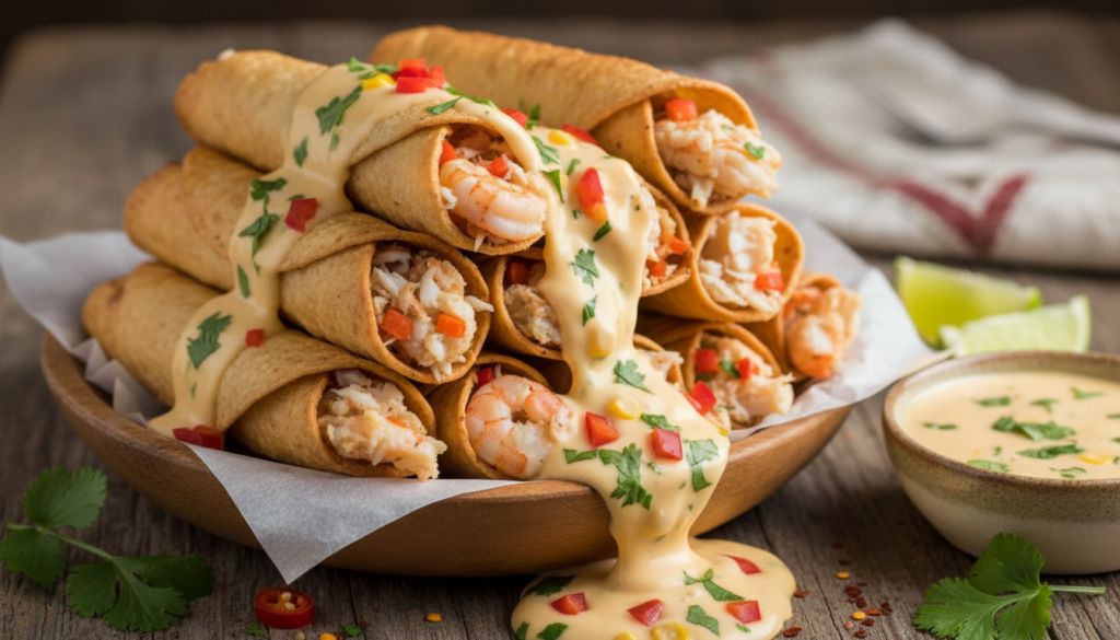 Crispy Crab and Shrimp Queso Taquitos