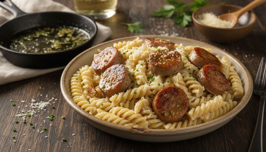 Garlic Butter Sausage Bites with Cream Parmesan Pasta