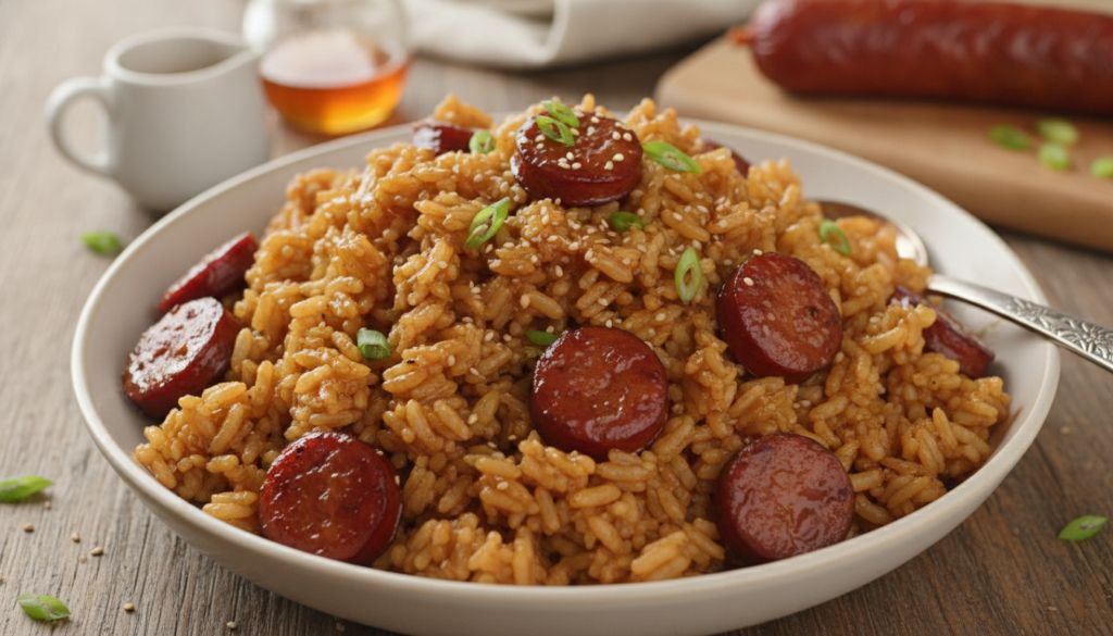 Sticky Honey Garlic Smoked Sausage Rice